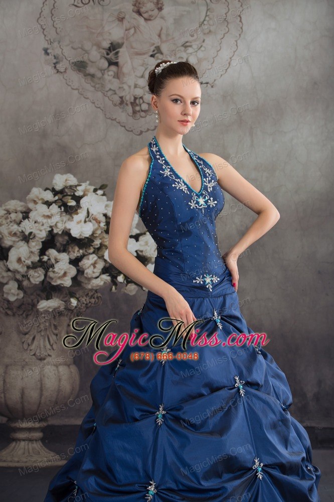 wholesale navy blue halter top beading appliques a-line quinceanera dress