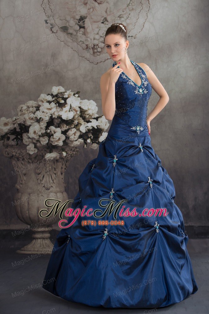 wholesale navy blue halter top beading appliques a-line quinceanera dress