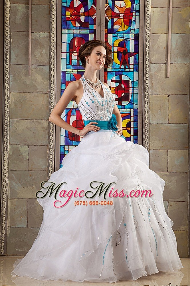 wholesale white ball gown halter floor-length organza sash quinceanea dress