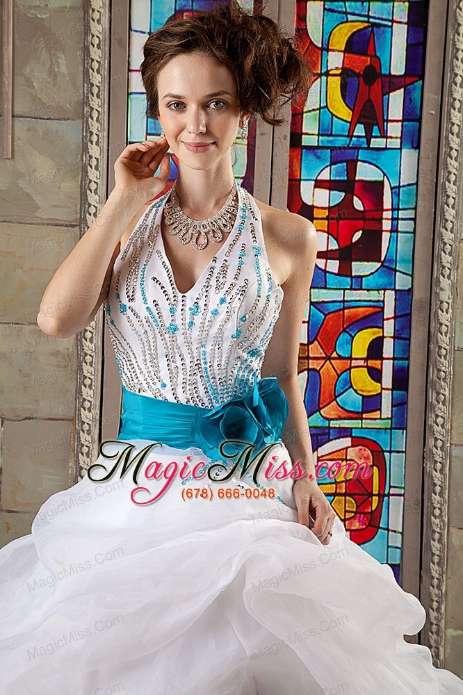 wholesale white ball gown halter floor-length organza sash quinceanea dress