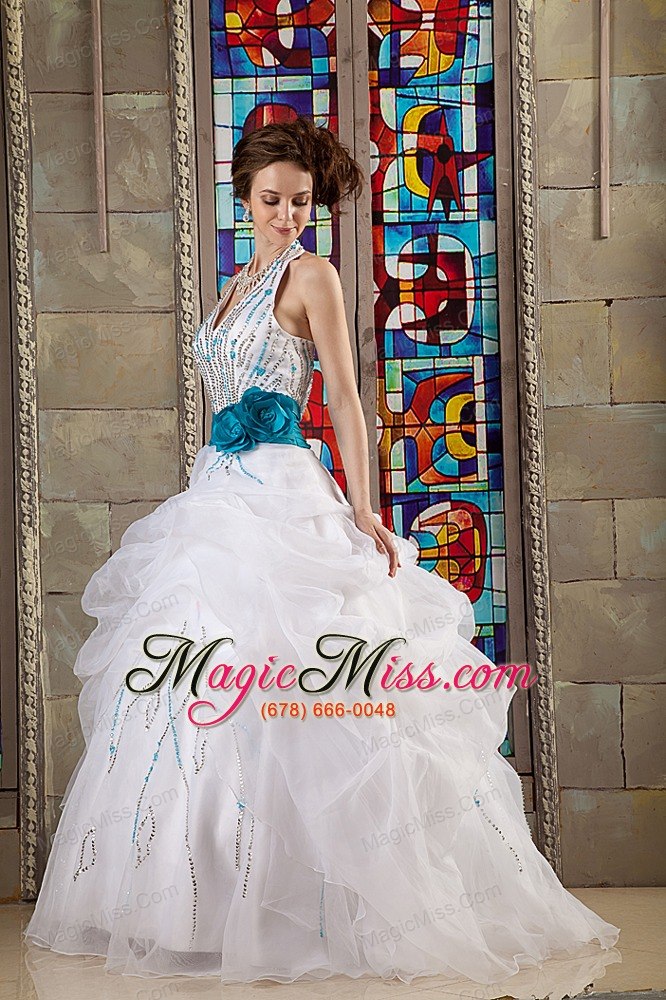 wholesale white ball gown halter floor-length organza sash quinceanea dress