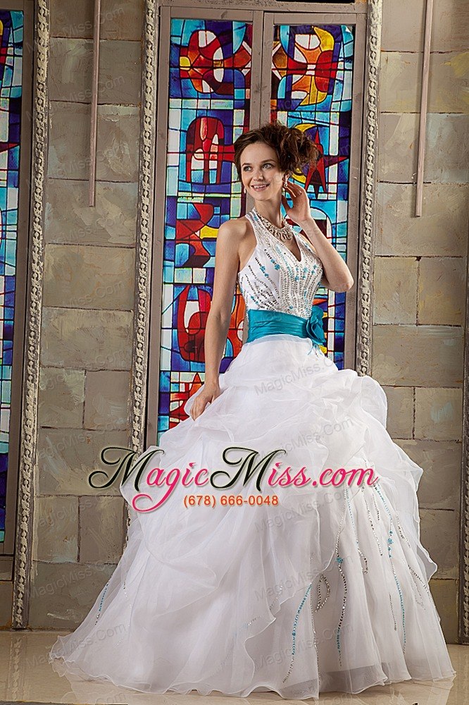 wholesale white ball gown halter floor-length organza sash quinceanea dress