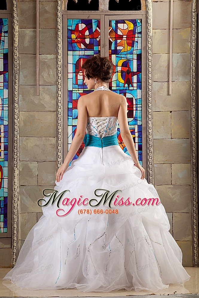 wholesale white ball gown halter floor-length organza sash quinceanea dress