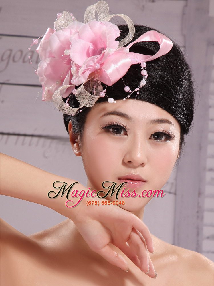 wholesale wedding party pink big flower pearls chiffon and tulle headdress bride