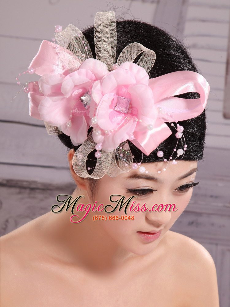 wholesale wedding party pink big flower pearls chiffon and tulle headdress bride