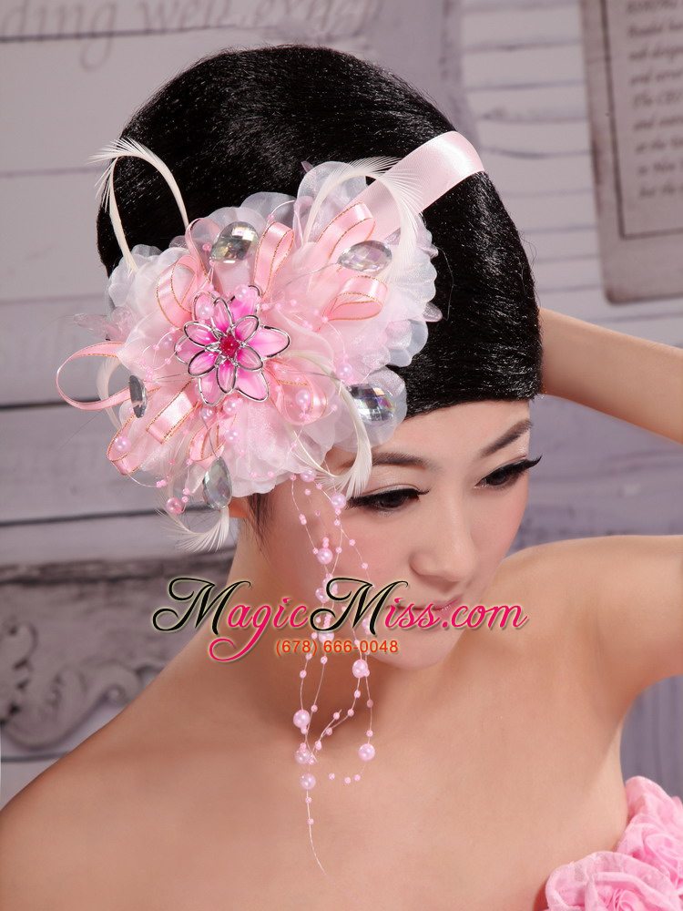 wholesale pink feather rhinestones satin ribbon flowers with pearls for bridal