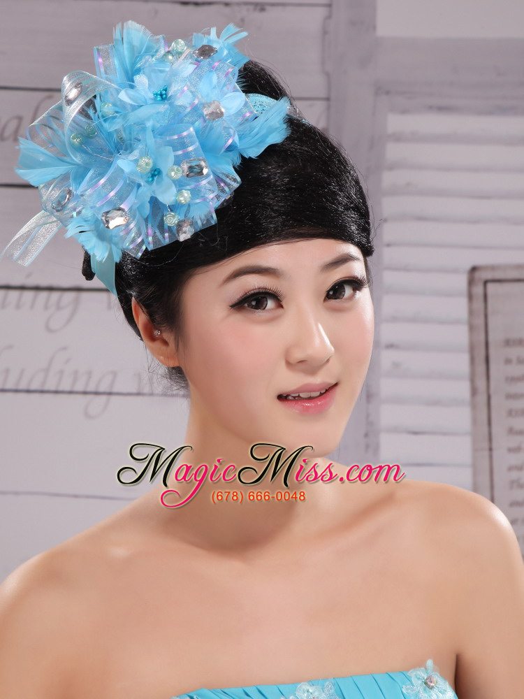 wholesale classical sky blue headpices with rhionstones and feather decorate on tulle for party