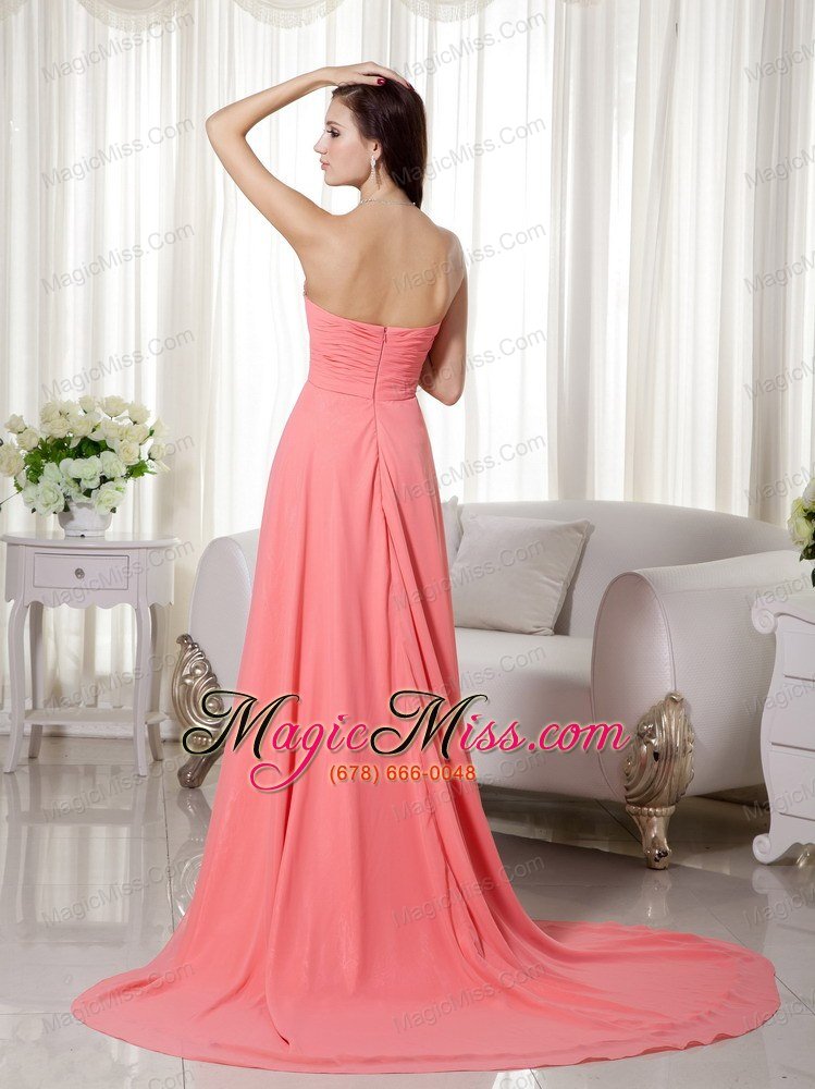 wholesale watermelon empire sweetheart high-low chiffon beading and ruch prom / celebrity dress