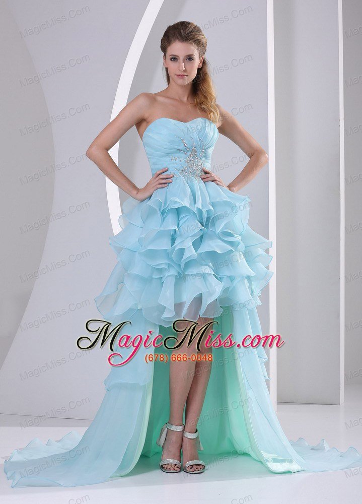 wholesale light blue organza high-low sweetheart 2013 prom / homecoming dress with beading ruch and ruffles brush train