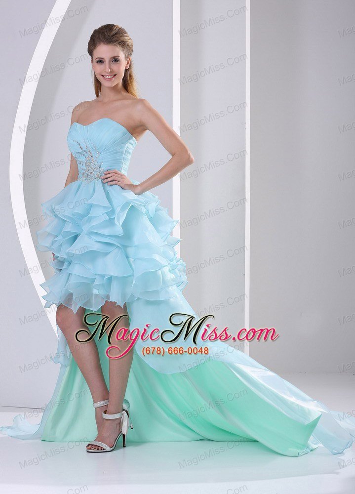 wholesale light blue organza high-low sweetheart 2013 prom / homecoming dress with beading ruch and ruffles brush train