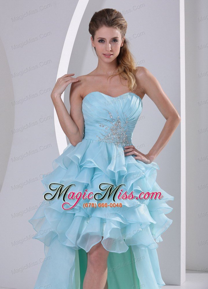 wholesale light blue organza high-low sweetheart 2013 prom / homecoming dress with beading ruch and ruffles brush train