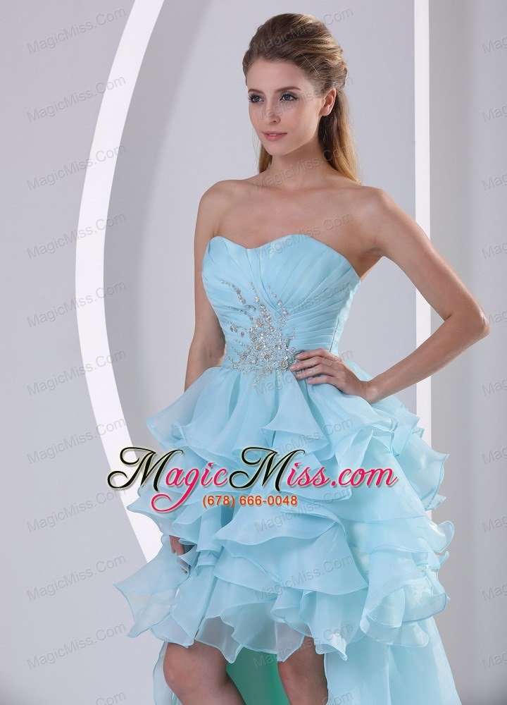 wholesale light blue organza high-low sweetheart 2013 prom / homecoming dress with beading ruch and ruffles brush train