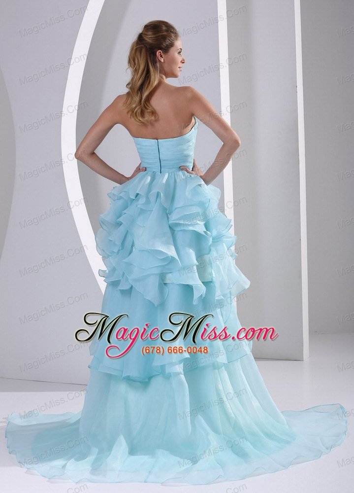 wholesale light blue organza high-low sweetheart 2013 prom / homecoming dress with beading ruch and ruffles brush train