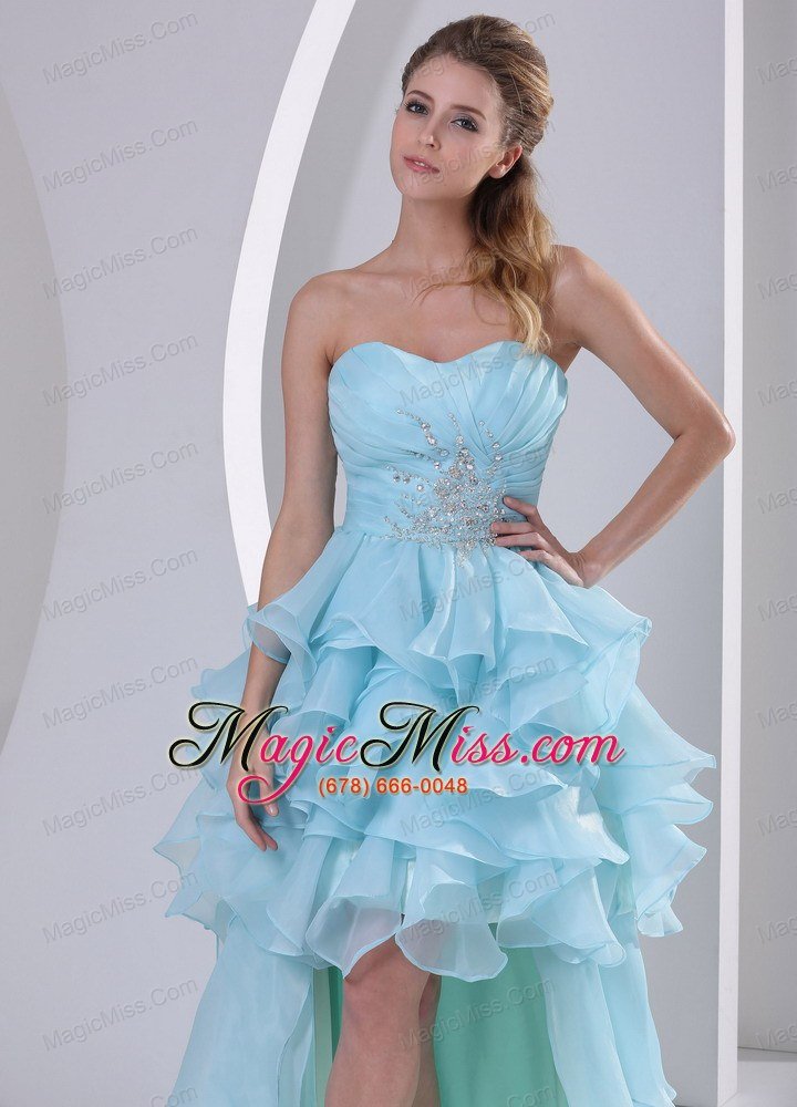 wholesale light blue organza high-low sweetheart 2013 prom / homecoming dress with beading ruch and ruffles brush train