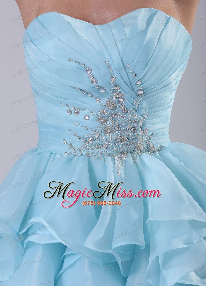 wholesale light blue organza high-low sweetheart 2013 prom / homecoming dress with beading ruch and ruffles brush train