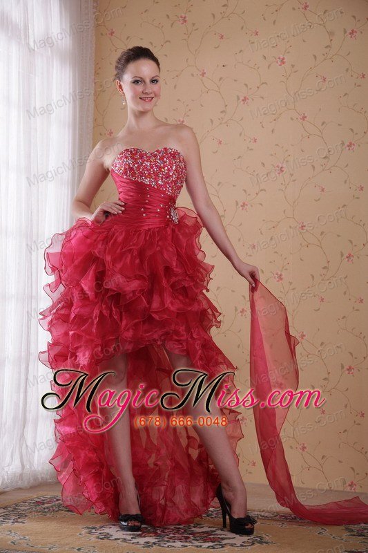 wholesale red column sweetheart high-low organza beading prom / cocktail dress