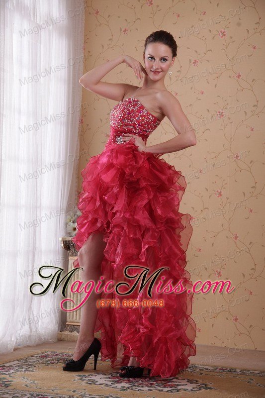 wholesale red column sweetheart high-low organza beading prom / cocktail dress