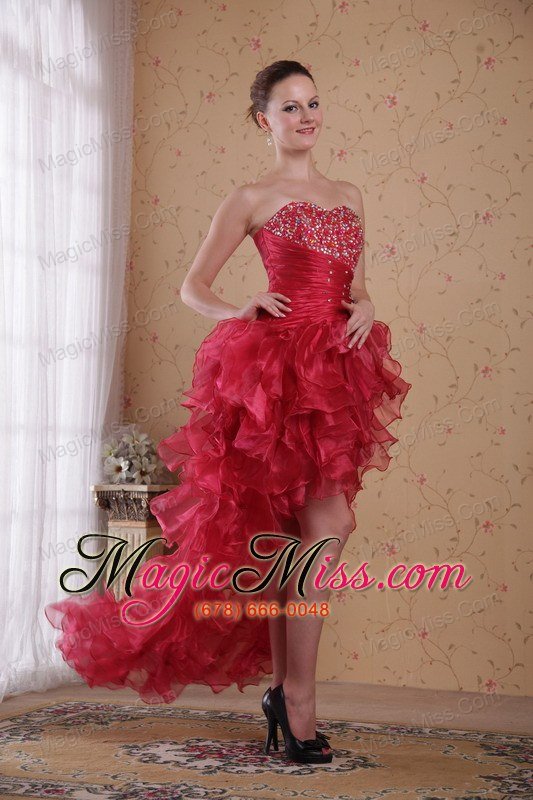 wholesale red column sweetheart high-low organza beading prom / cocktail dress