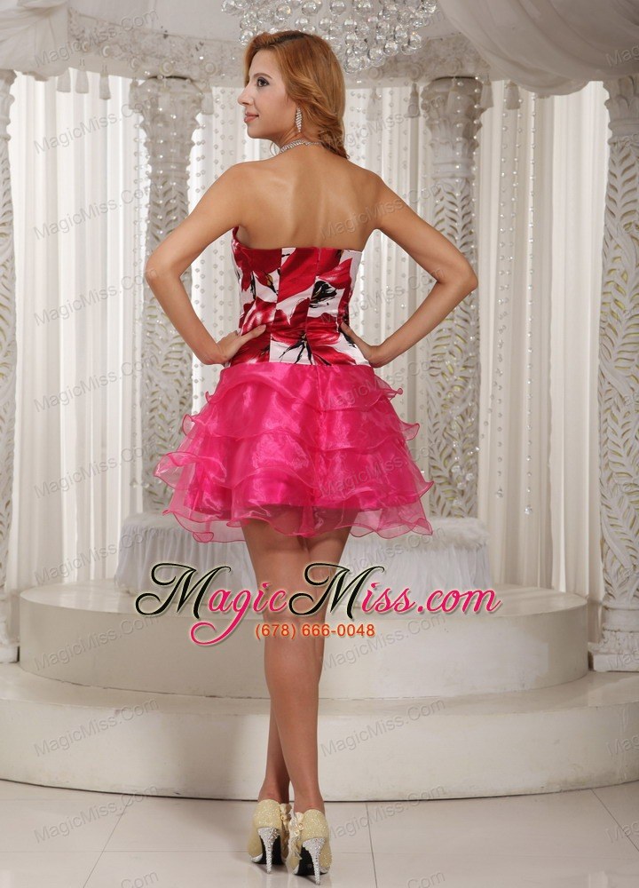 wholesale hot pink cocktail dress with printing decorate bust ruched layeres for summer mini-length 2013