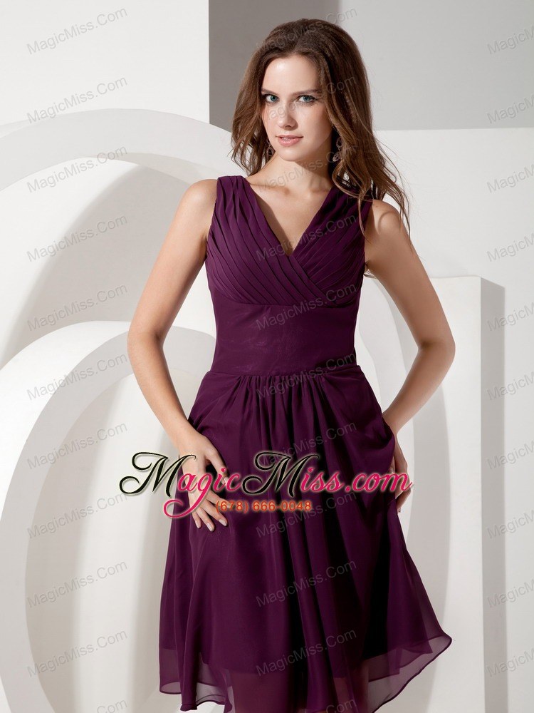 wholesale customize dark purple cocktail dress empire v-neck chiffon beading knee-length