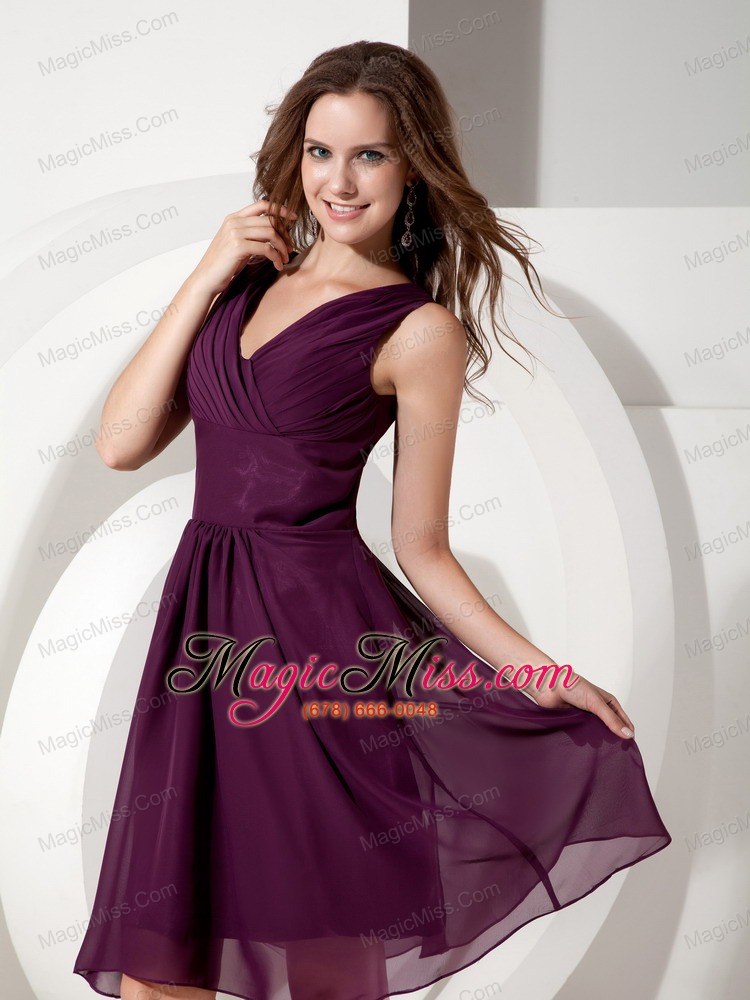 wholesale customize dark purple cocktail dress empire v-neck chiffon beading knee-length