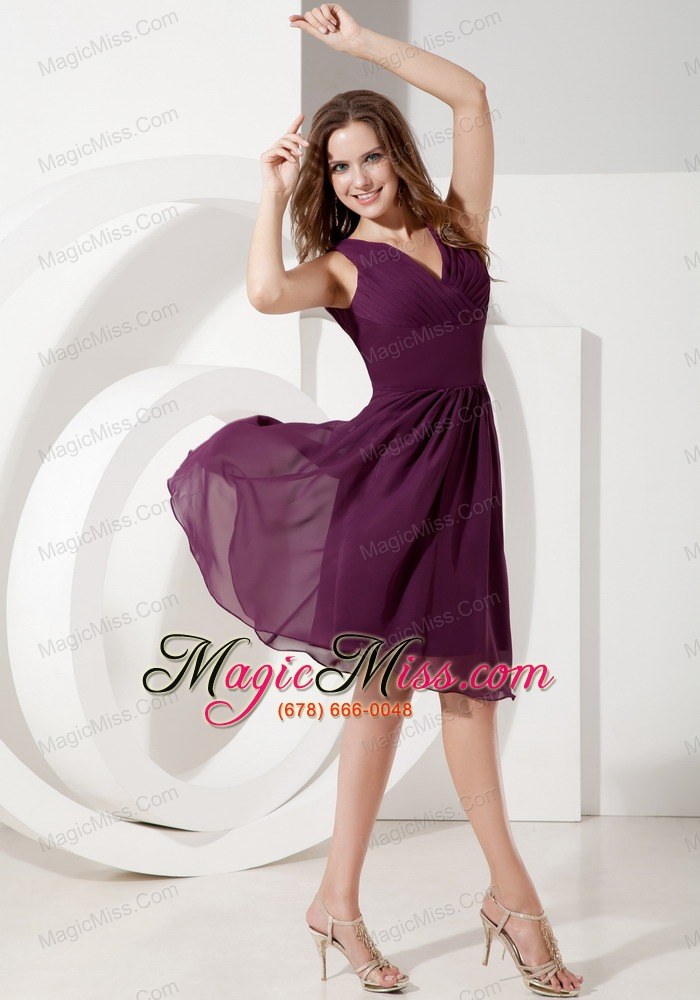 wholesale customize dark purple cocktail dress empire v-neck chiffon beading knee-length