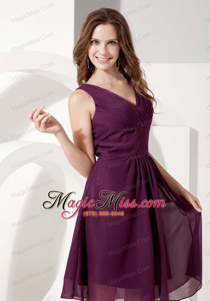 wholesale customize dark purple cocktail dress empire v-neck chiffon beading knee-length