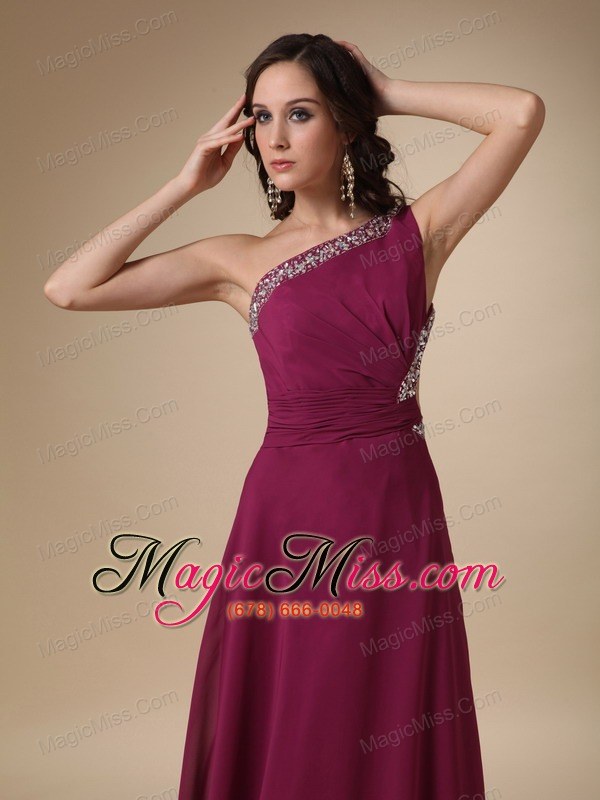 wholesale burgundy column one shoulder brush train chiffon beading prom / evening dress