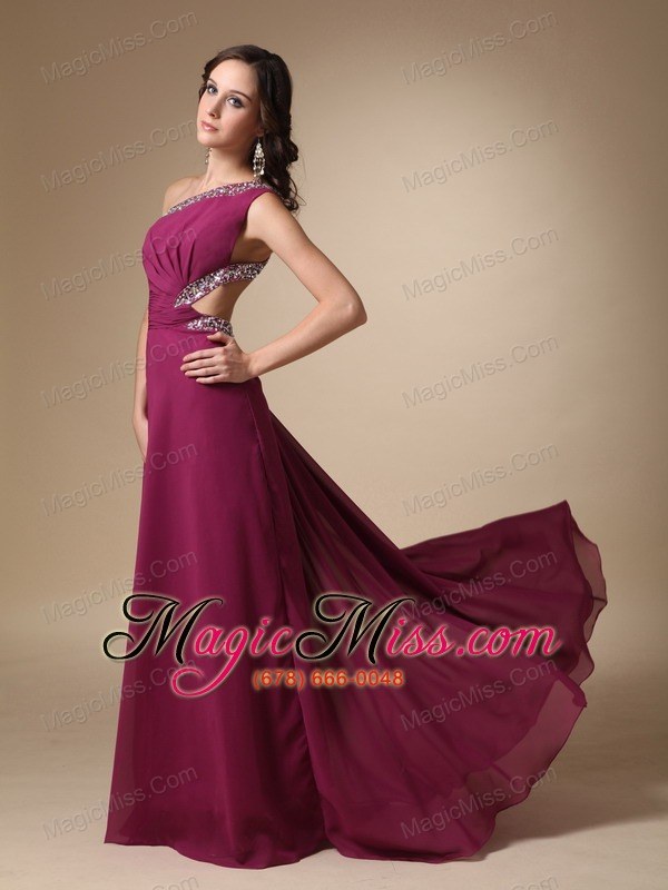 wholesale burgundy column one shoulder brush train chiffon beading prom / evening dress