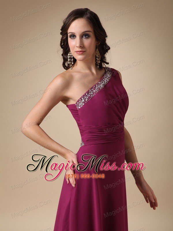 wholesale burgundy column one shoulder brush train chiffon beading prom / evening dress