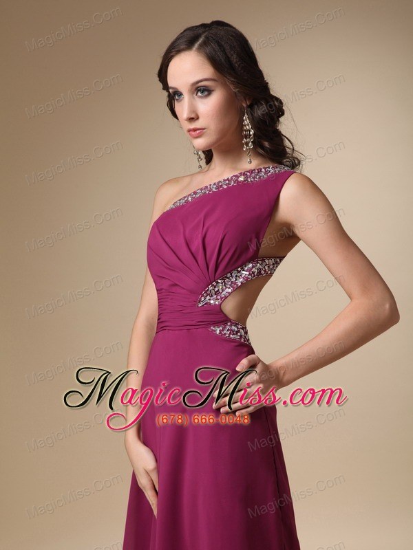 wholesale burgundy column one shoulder brush train chiffon beading prom / evening dress