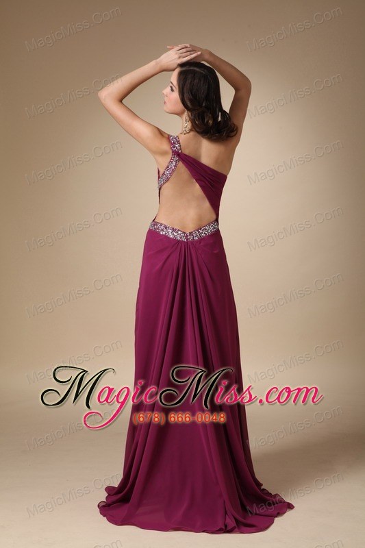 wholesale burgundy column one shoulder brush train chiffon beading prom / evening dress