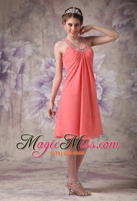 wholesale gorgeous watermelon cocktail dress empire scoop chiffon beading knee-length