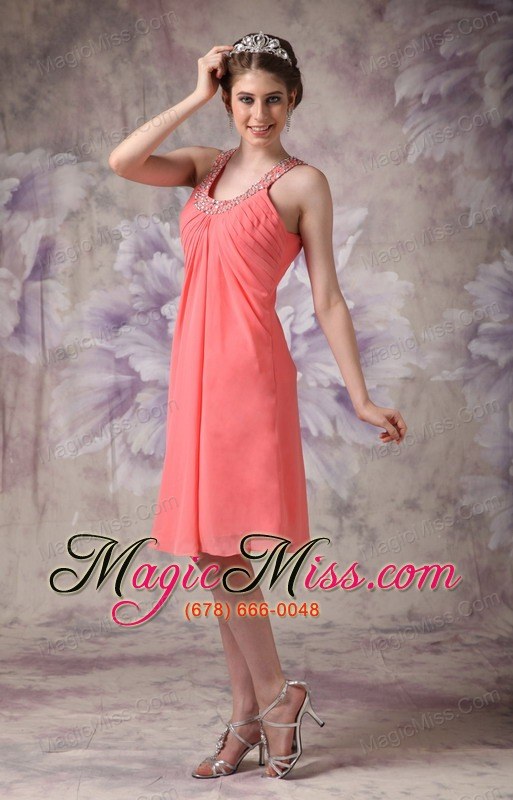 wholesale gorgeous watermelon cocktail dress empire scoop chiffon beading knee-length