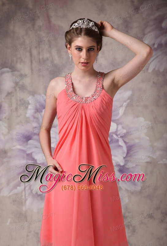 wholesale gorgeous watermelon cocktail dress empire scoop chiffon beading knee-length