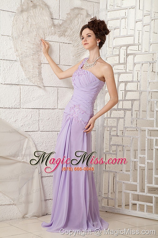 wholesale customize lavender empire one shoulder prom dress chiffon appliques brush train