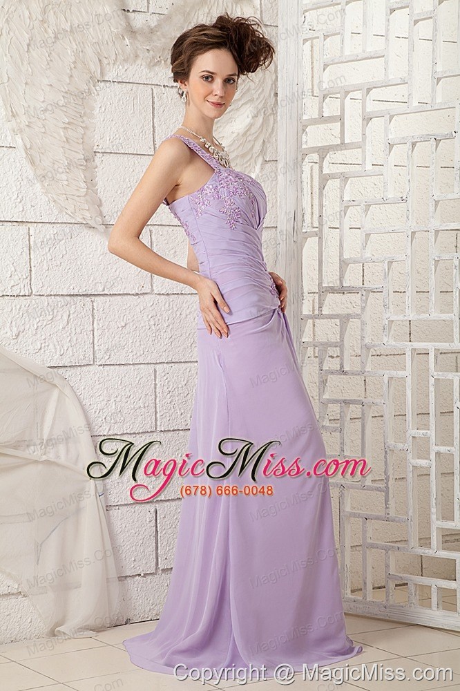 wholesale customize lavender empire one shoulder prom dress chiffon appliques brush train