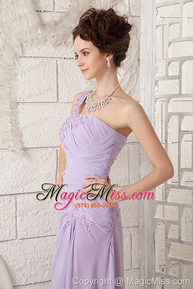 wholesale customize lavender empire one shoulder prom dress chiffon appliques brush train