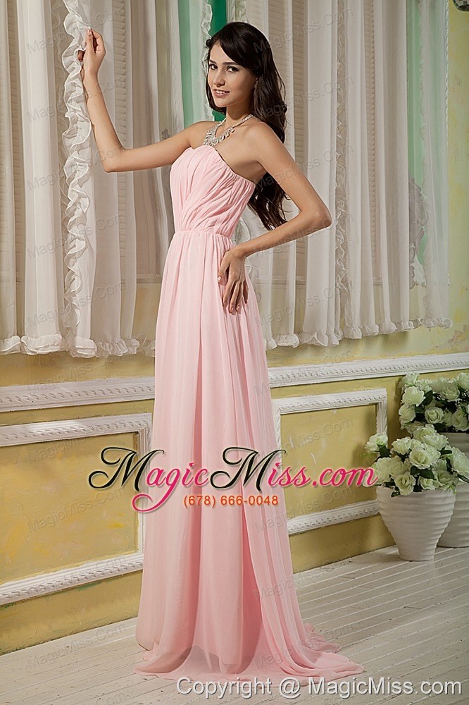 wholesale pretty baby pink prom dress empire strapless chiffon ruch brush train