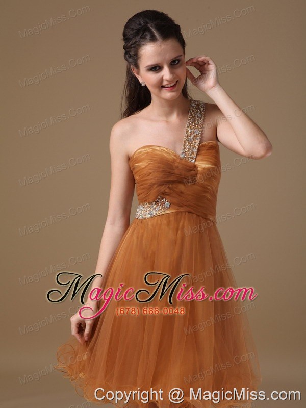 wholesale brown a-line one shoulder mini-length organza beading prom dress