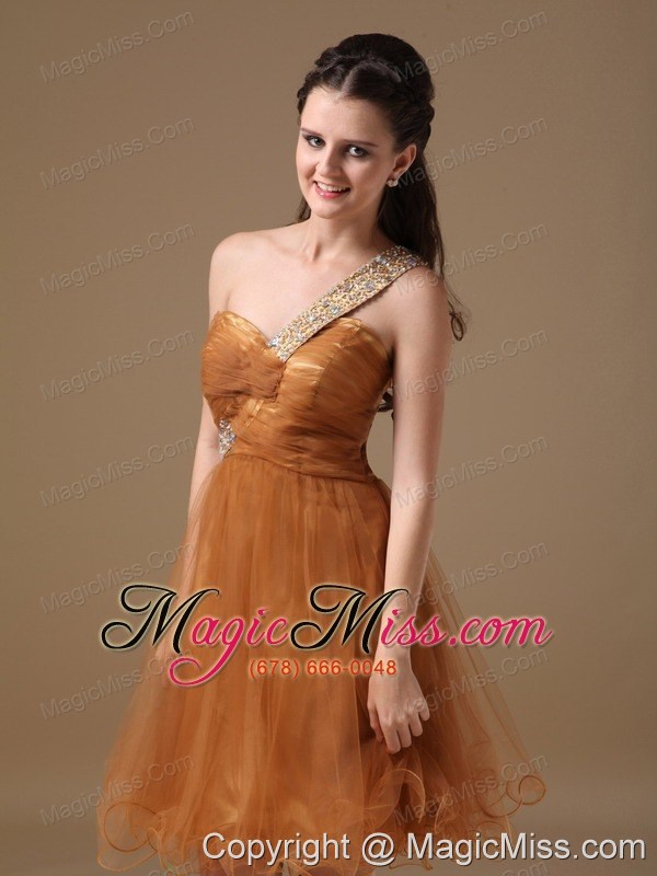 wholesale brown a-line one shoulder mini-length organza beading prom dress