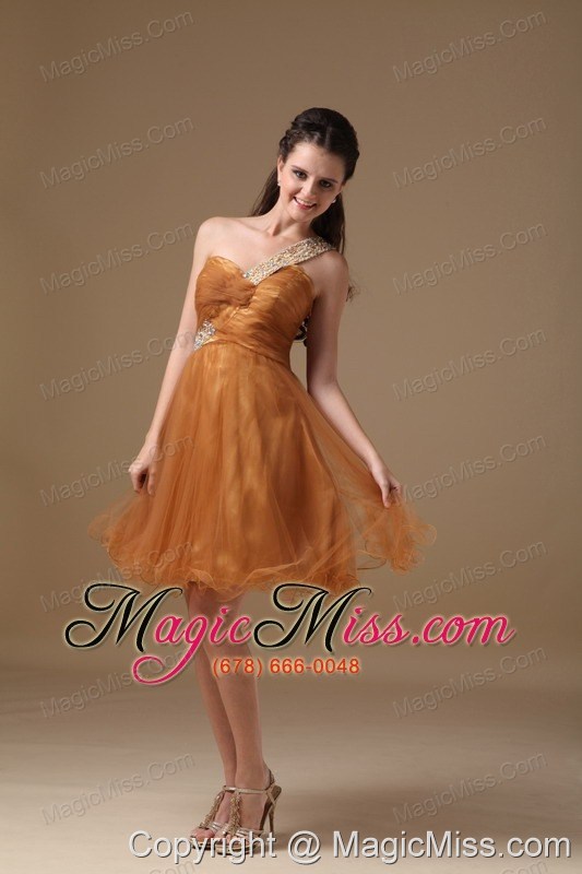 wholesale brown a-line one shoulder mini-length organza beading prom dress