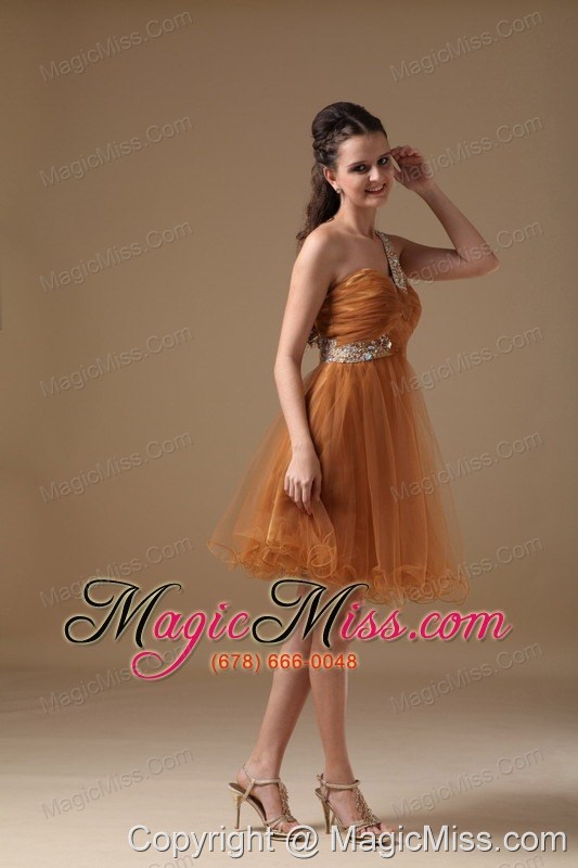 wholesale brown a-line one shoulder mini-length organza beading prom dress