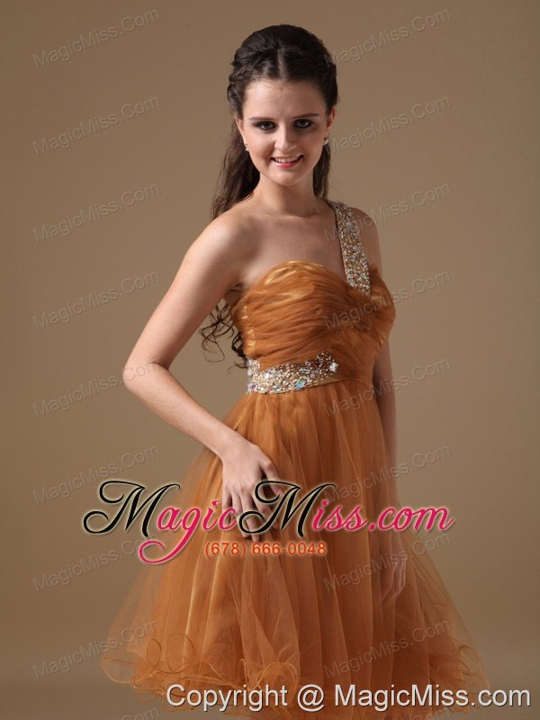 wholesale brown a-line one shoulder mini-length organza beading prom dress