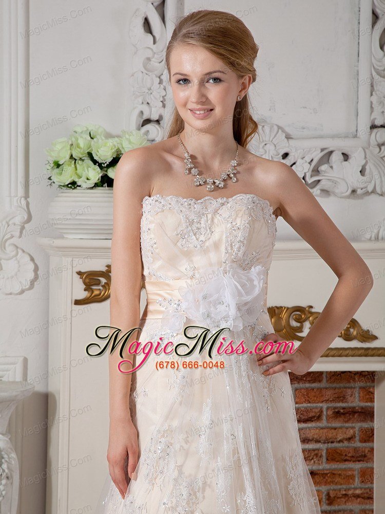 wholesale lovely a-line strapless court train lace hand made flowers wedding dress