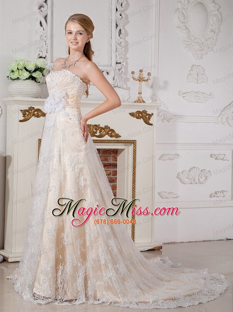 wholesale lovely a-line strapless court train lace hand made flowers wedding dress