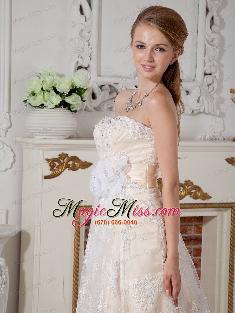 wholesale lovely a-line strapless court train lace hand made flowers wedding dress