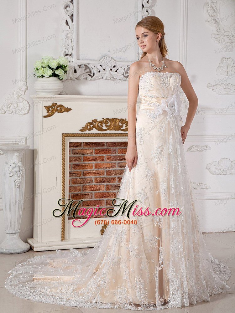 wholesale lovely a-line strapless court train lace hand made flowers wedding dress