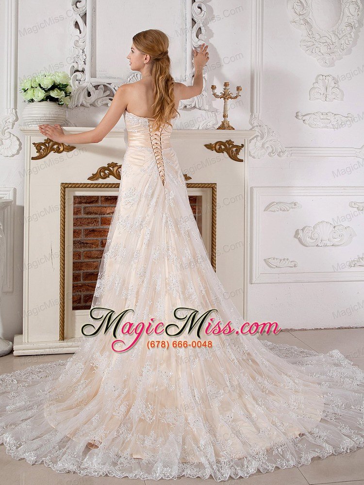 wholesale lovely a-line strapless court train lace hand made flowers wedding dress