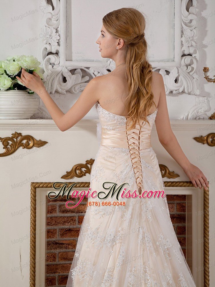 wholesale lovely a-line strapless court train lace hand made flowers wedding dress